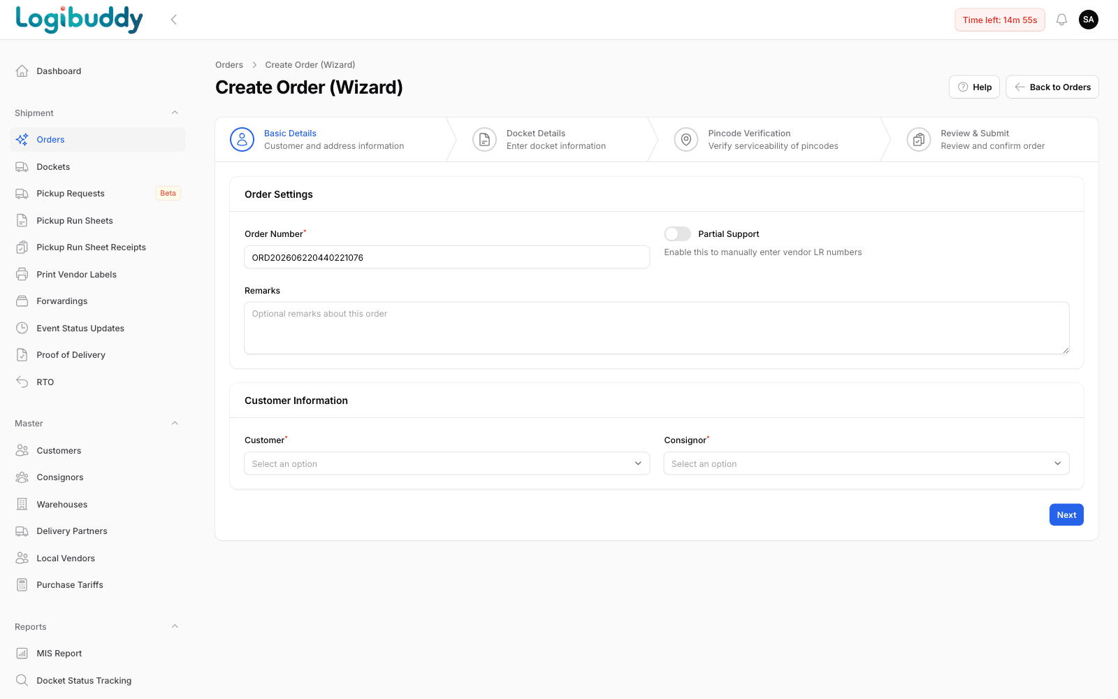 Four-step create-order wizard with details, docket, pincode and review steps